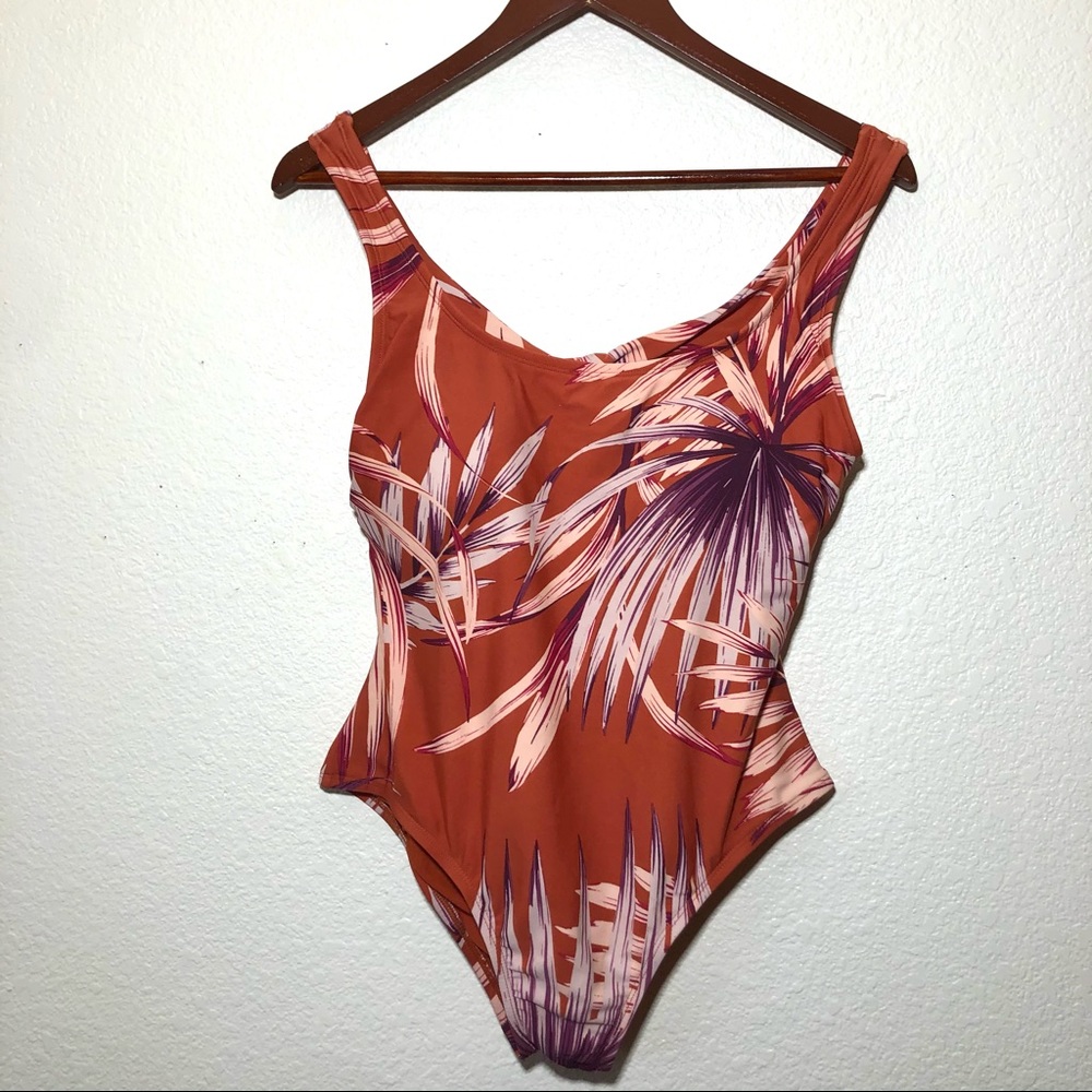 Kona Sol Rust Orange Tropical Palm One-Piece Swimsuit